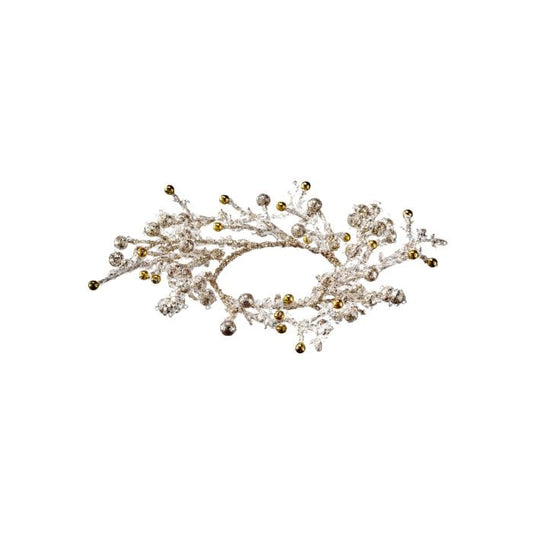 Glittery silver branch candle ring with gold beaded accents, top-down view