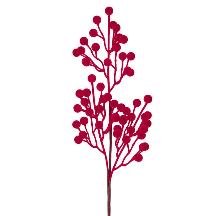 Red flocked berry spray stem with multiple round berries on branching stems, front view