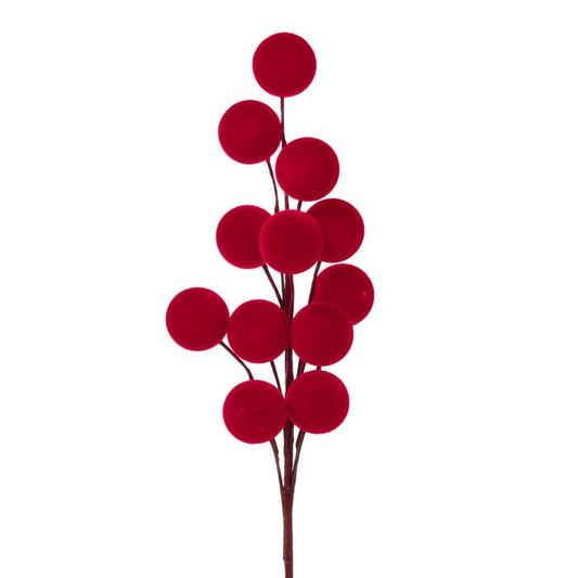 Decorative flocked berry spray with large round red velvet balls on branching stems