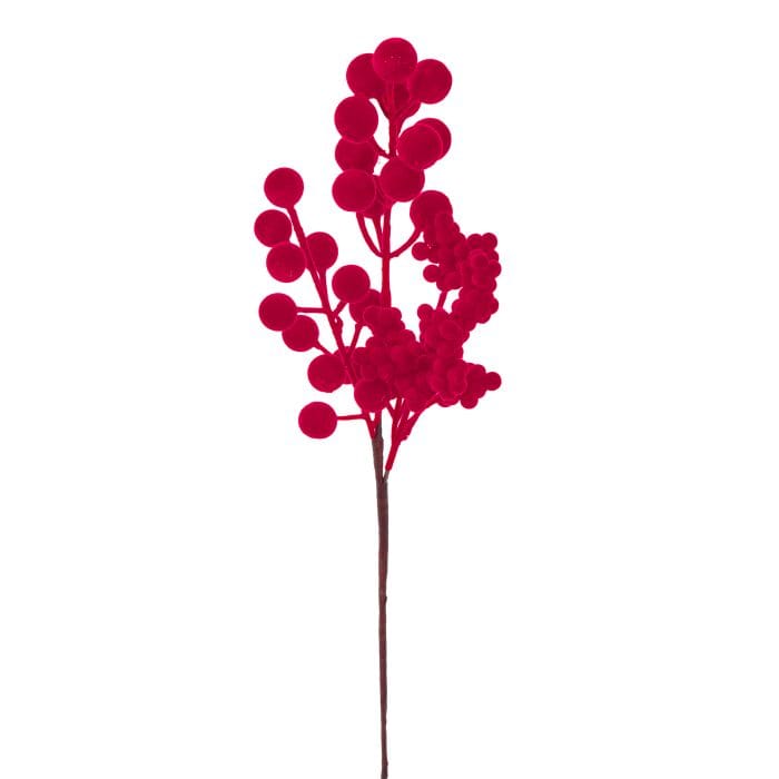 Artificial red flocked berry pick spray with multiple round berries on a single stem