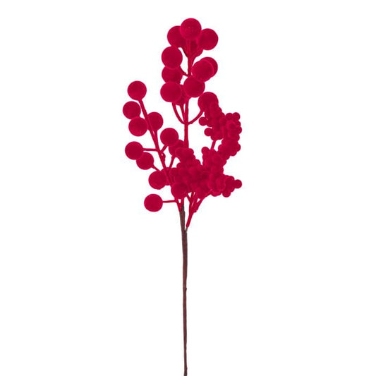 Artificial red flocked berry pick spray with multiple round berries on a single stem