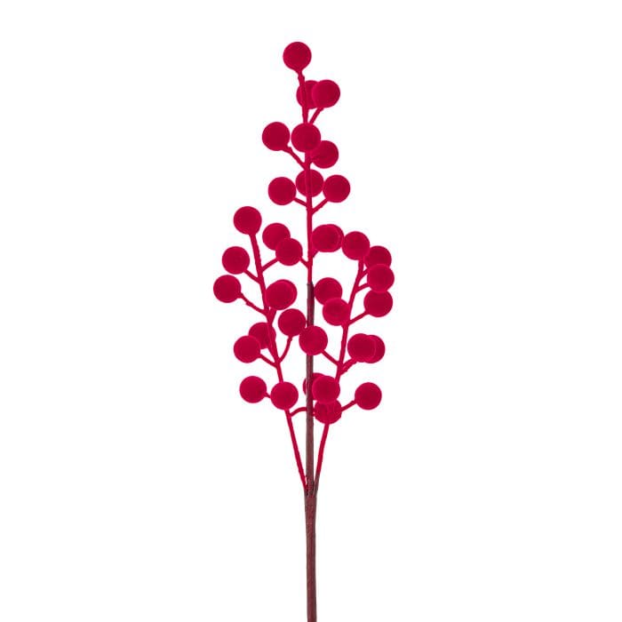 Flocked red berry pick stem with multiple round berries on branching stems, front view