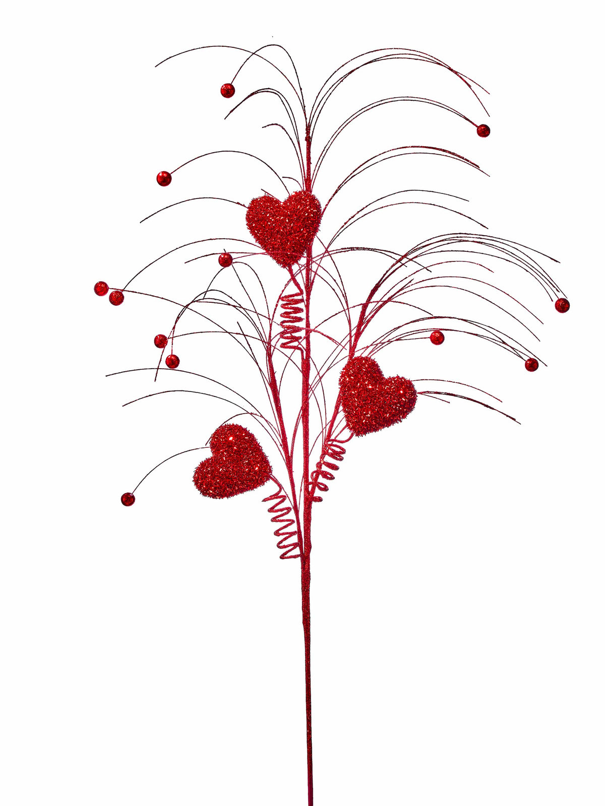 Decorative floral spray with three glitter hearts, curling wire stems, and red ball accents