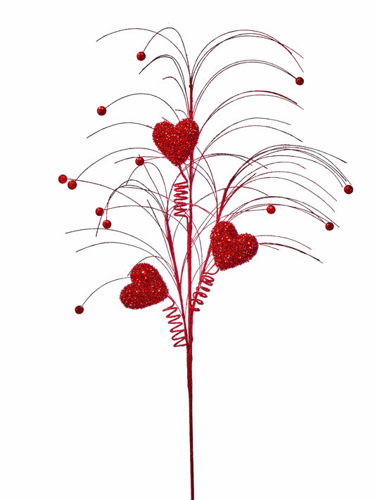 Decorative floral spray with three glitter hearts, curling wire stems, and red ball accents