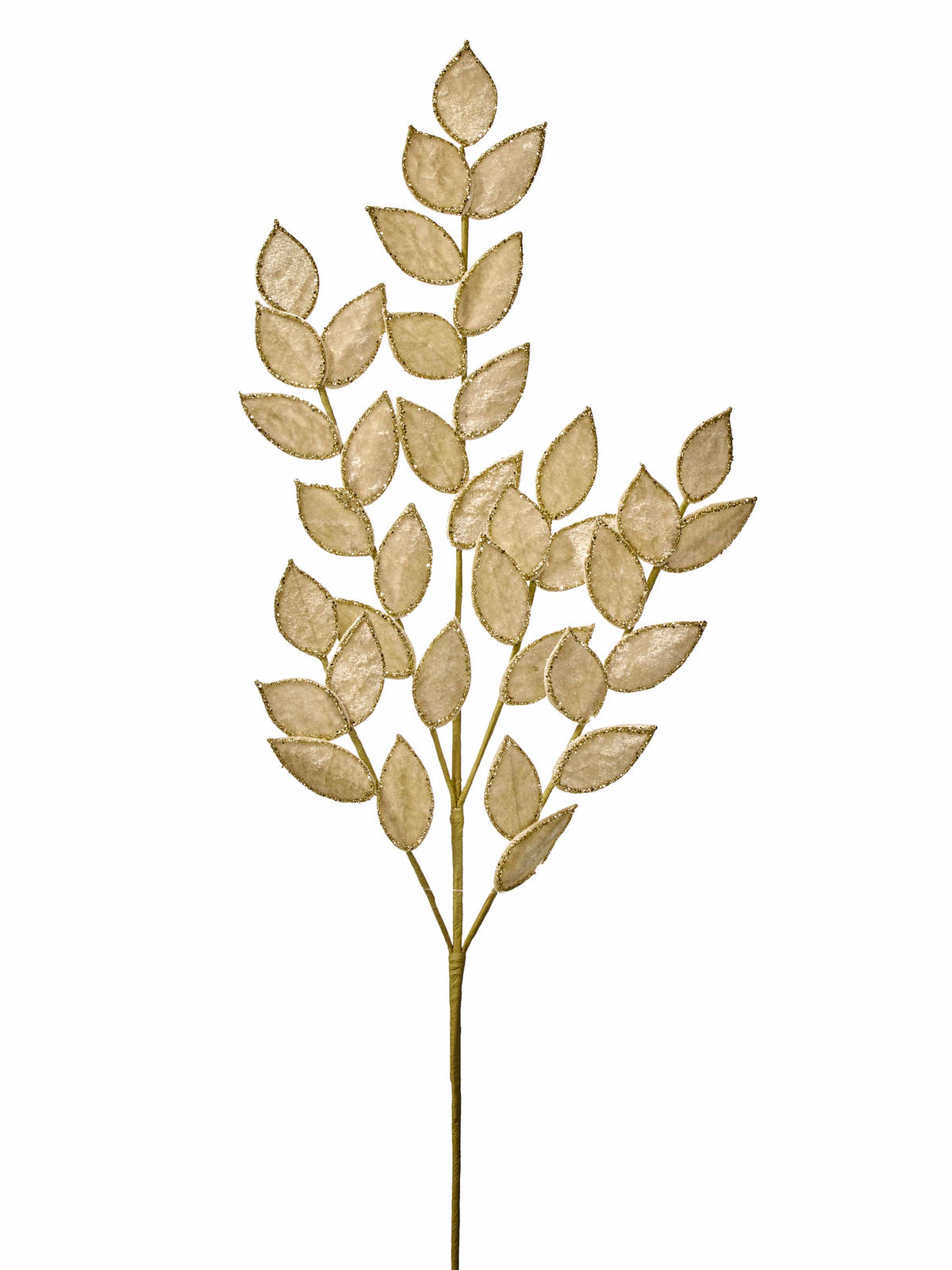 Artificial ruscus spray with velvet champagne leaves trimmed in gold glitter, multiple branches