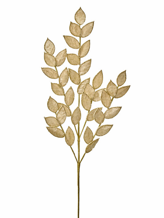 Artificial ruscus spray with velvet champagne leaves trimmed in gold glitter, multiple branches