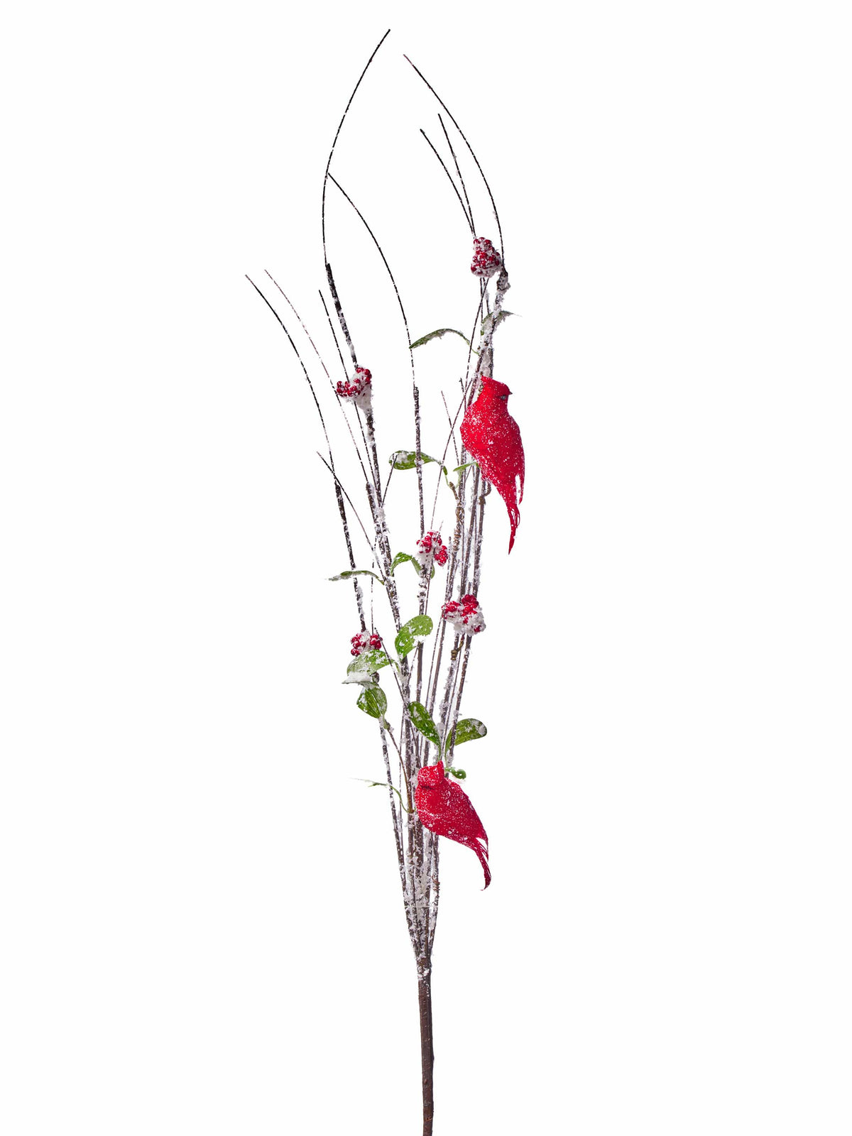 Snow-dusted decorative branch spray with two red cardinal birds and red berry clusters