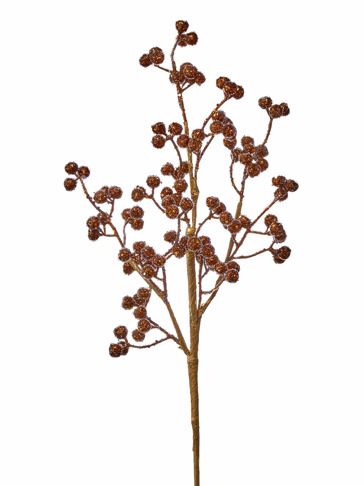 Decorative berry spray branch with glittery brown frosted clusters on a gold stem