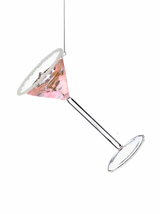 Hanging glass martini cocktail ornament with pink bowl, sugared rim, and clear stem