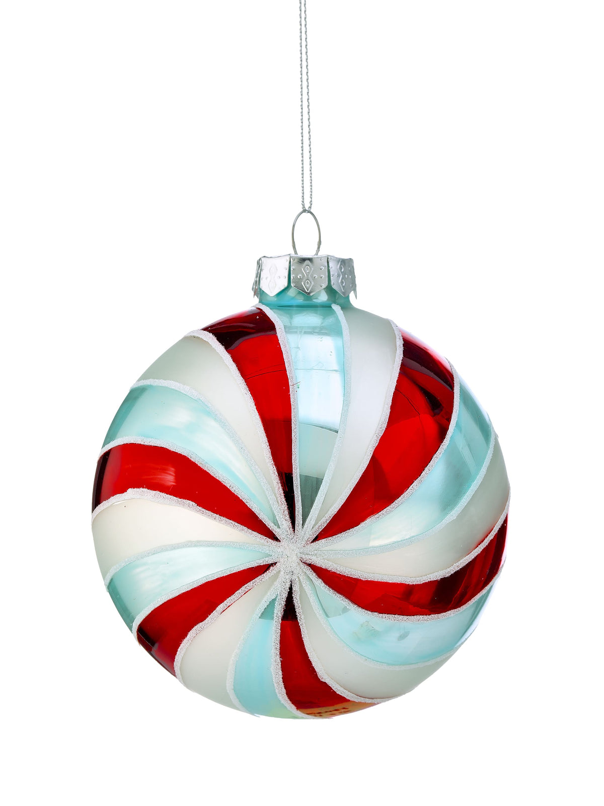 Glossy round glass ornament with red, white, and mint peppermint swirl design, hanging from silver cap