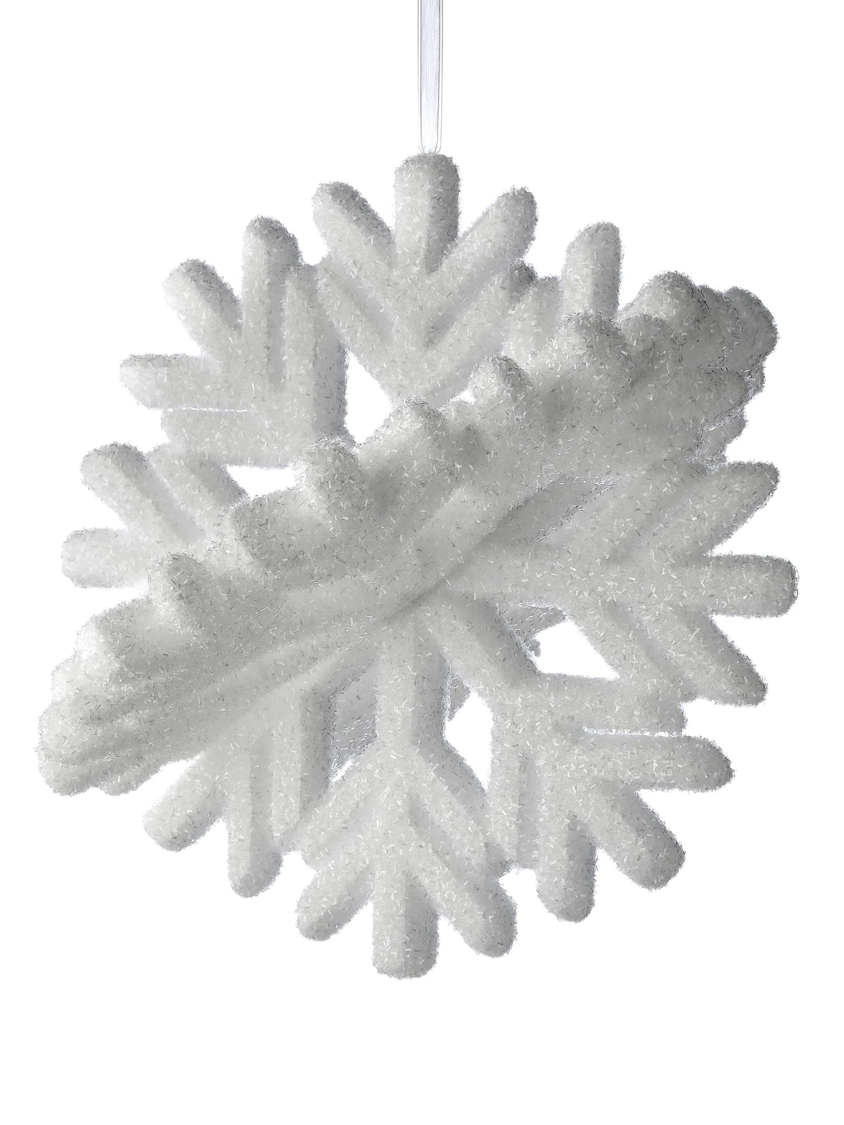 Frosted white snowflake ornament with textured icy surface, hanging from ribbon, front view
