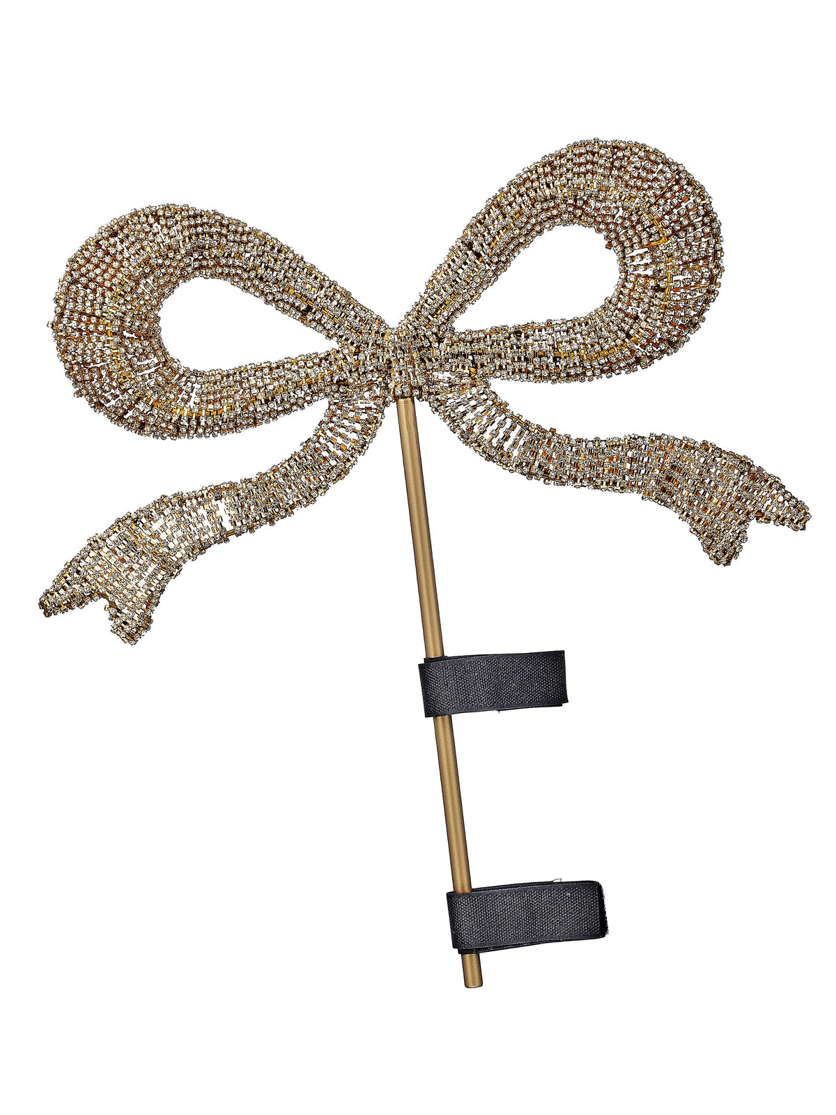 Rhinestone and gold wire gift bow tree topper on a gold metal stem with black clips
