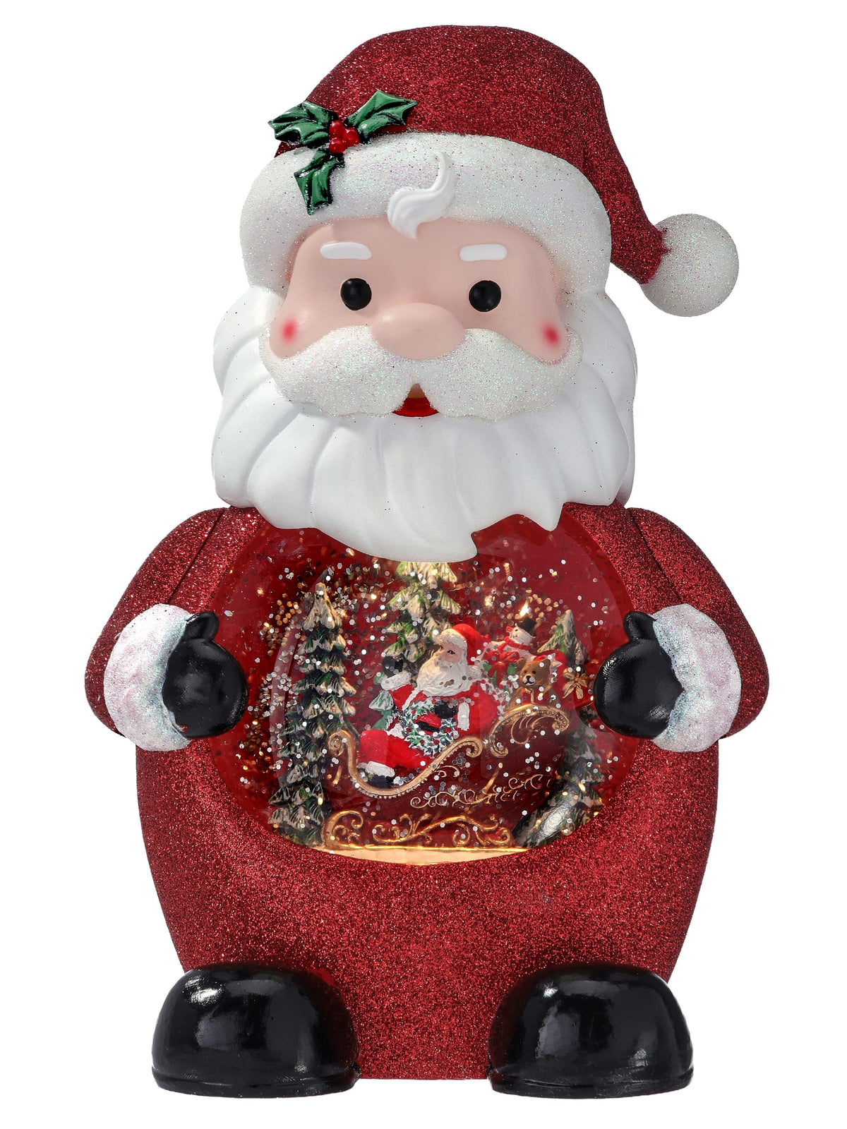 Glittery red Santa Claus figurine with a lit snow globe scene embedded in its torso