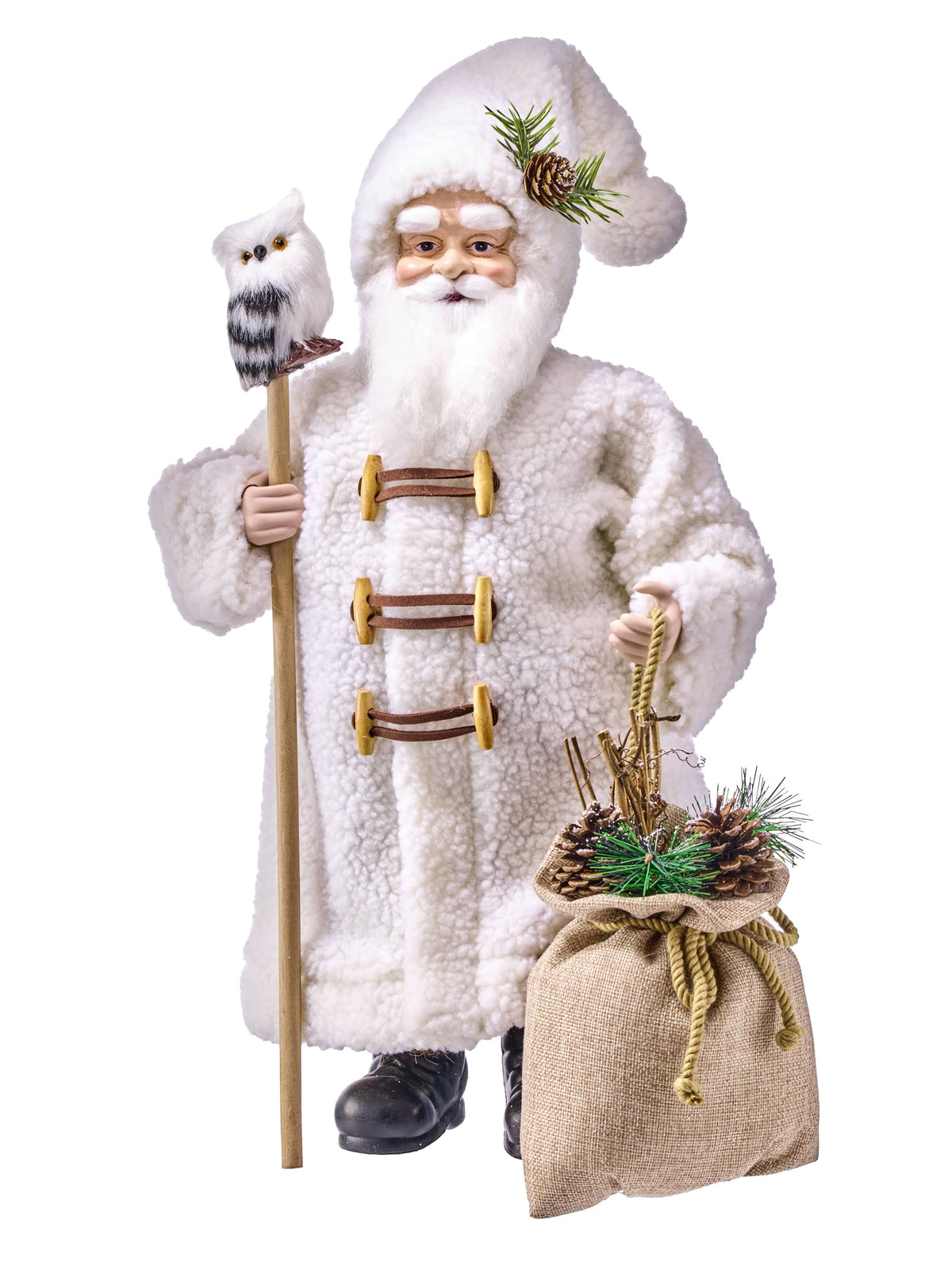 Santa Claus figurine in white sherpa coat holding a wooden staff with a white owl perched on top