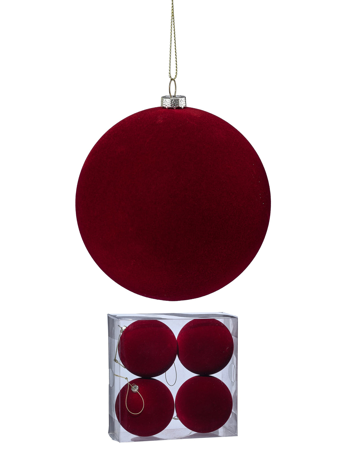 Velvet-flocked round Christmas ball ornament with silver cap, shown hanging and in a 4-pack clear box
