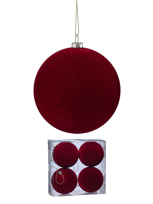 Velvet-flocked round Christmas ball ornament with silver cap, shown hanging and in a 4-pack clear box