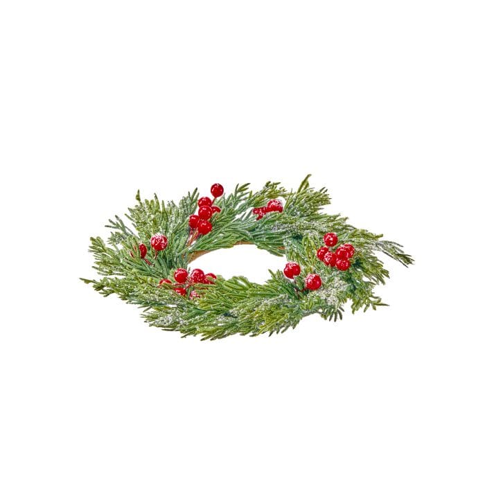 Small frosted cedar candle ring with red berries, viewed from slight angle on white background