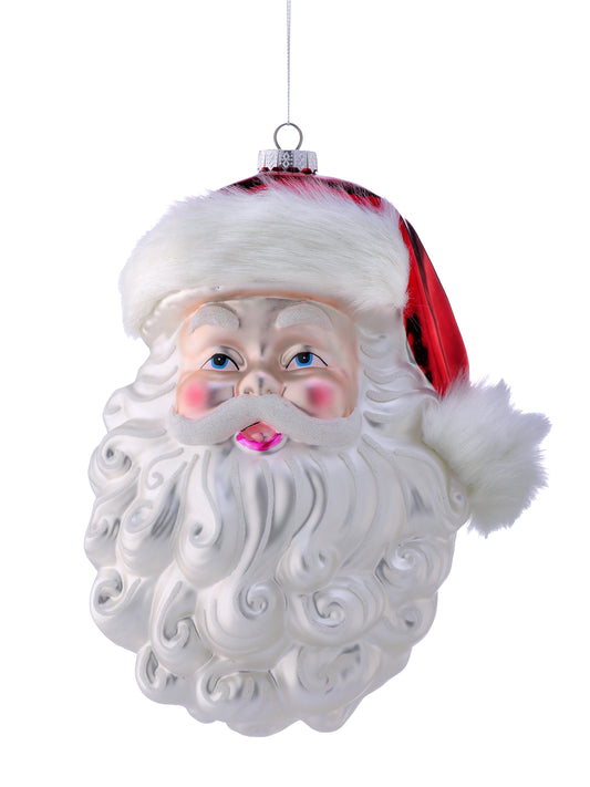 Hanging glass Santa Claus face ornament with white curly beard, red hat, and rosy cheeks