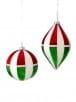 Red green and white striped glass ball and finial Christmas ornaments set of two