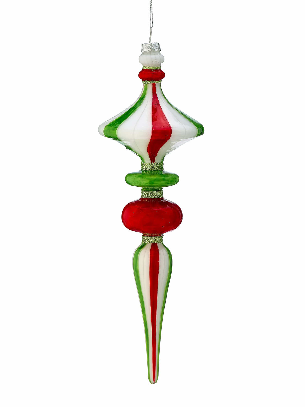 Glass finial ornament with red, white, and green stripes, multi-tiered with pointed bottom, hanging view