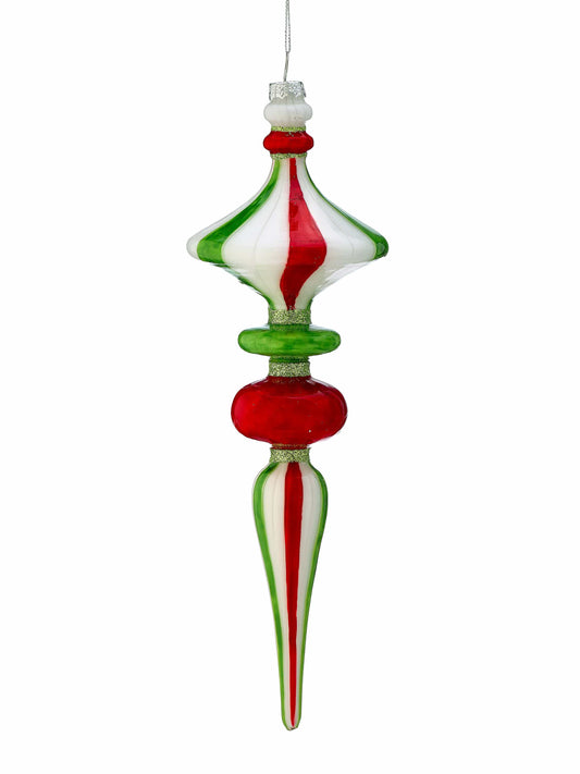 Glass finial ornament with red, white, and green stripes, multi-tiered with pointed bottom, hanging view
