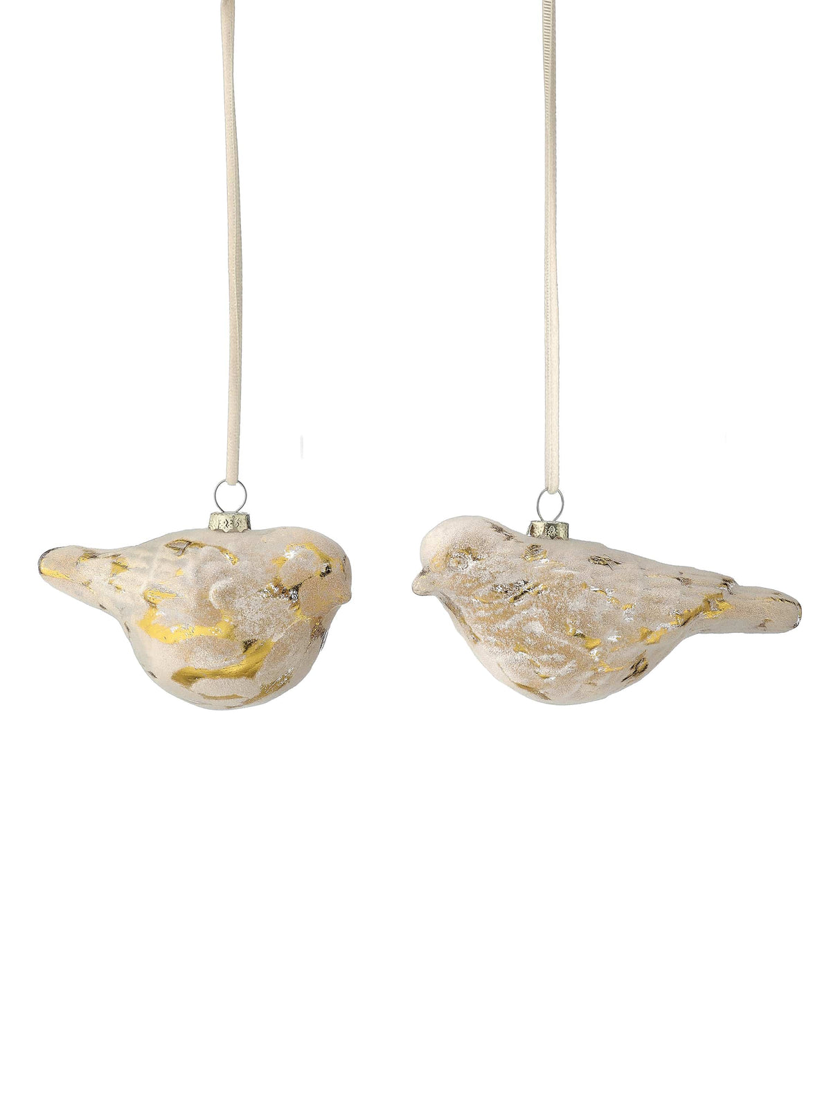 Two glass bird ornaments in cream and gold finish, hanging from ivory ribbon, side view