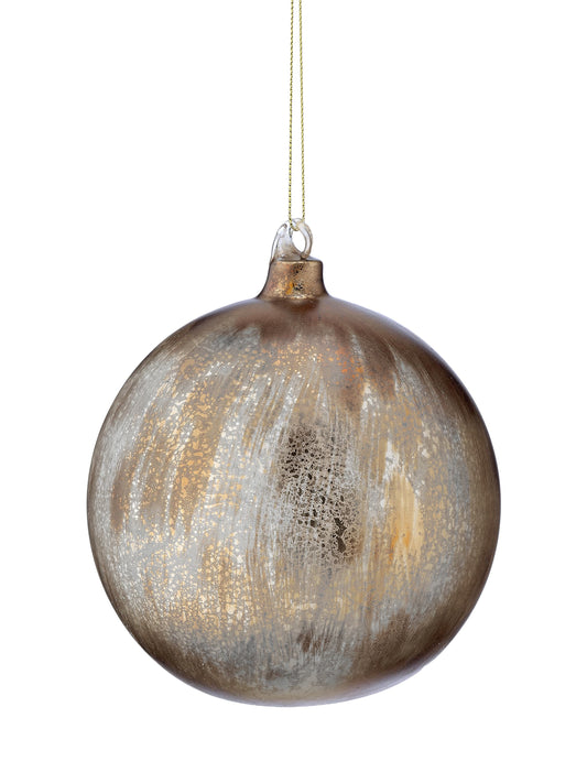 Round antique mercury glass ball ornament with distressed bronze and silver finish, hanging from gold cord