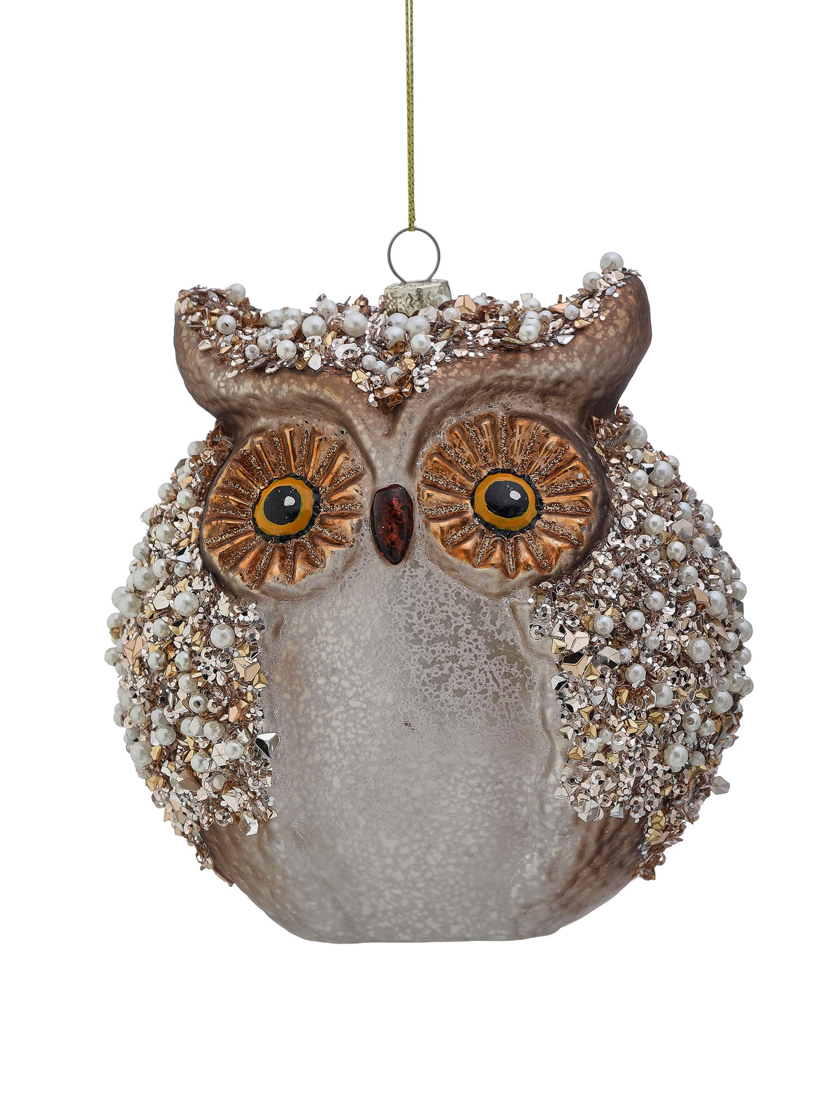 Round glass owl ornament with jeweled wings, large glittery eyes, and pearl accents, front view