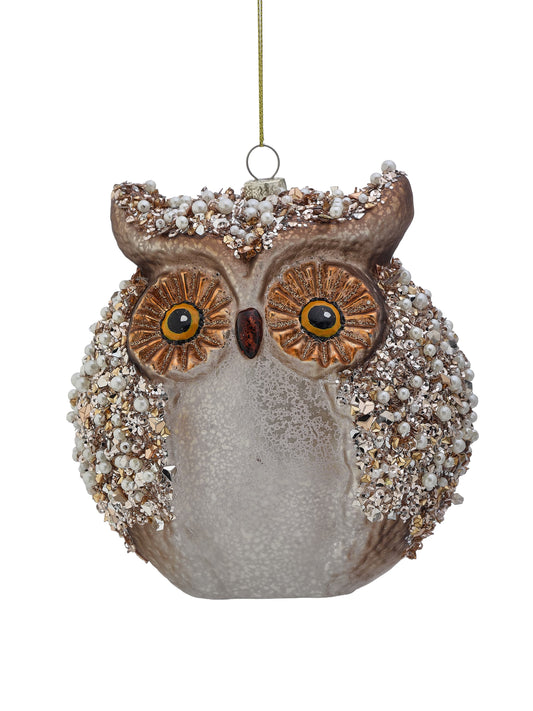 Round glass owl ornament with jeweled wings, large glittery eyes, and pearl accents, front view