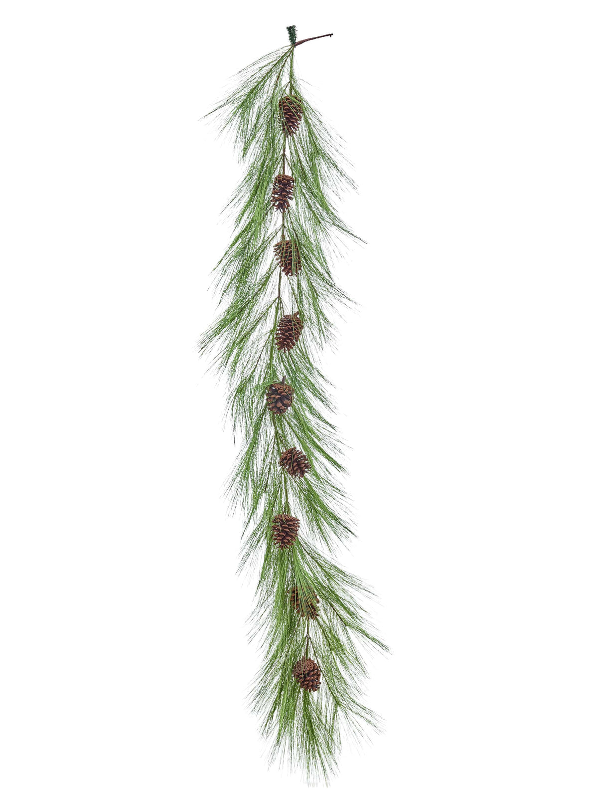 Long cascading pine needle garland with evenly spaced natural brown pinecones on white background
