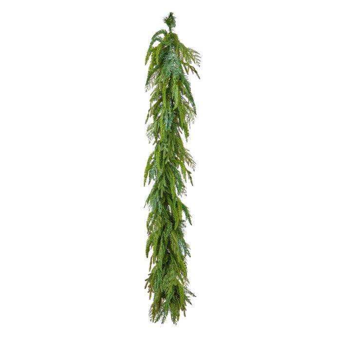 Long vertical mixed evergreen garland with layered cedar and pine foliage, studio view
