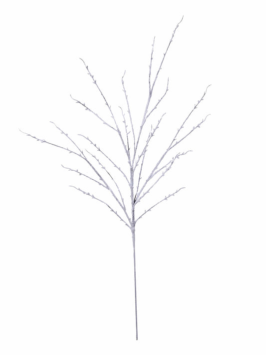 Frosted decorative twig branch with glitter snow coating and multiple bare twigs, isolated view