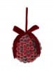 Red beaded ball Christmas ornament with velvet ribbon top, berry texture detail