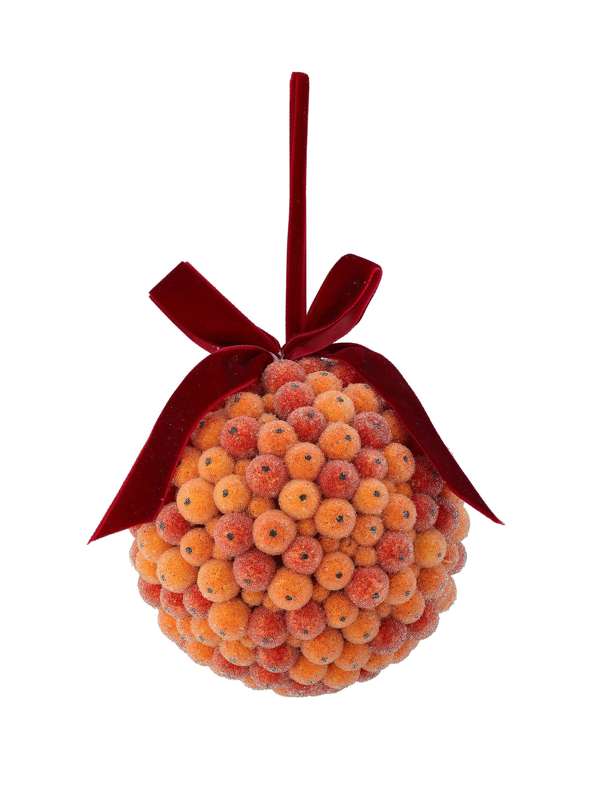 Spherical ornament covered in small orange berries with a dark red velvet ribbon bow hanger