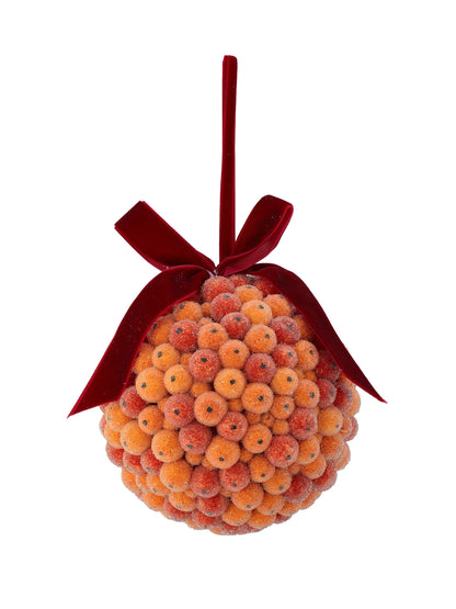 Spherical ornament covered in small orange berries with a dark red velvet ribbon bow hanger