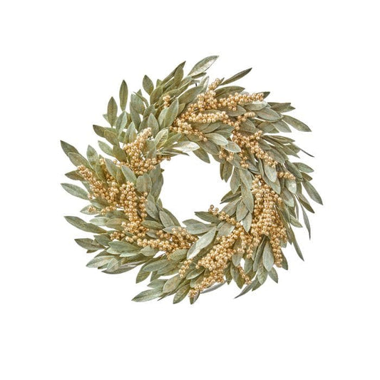 Round decorative wreath with sage green bay leaves and clusters of gold berries, top view