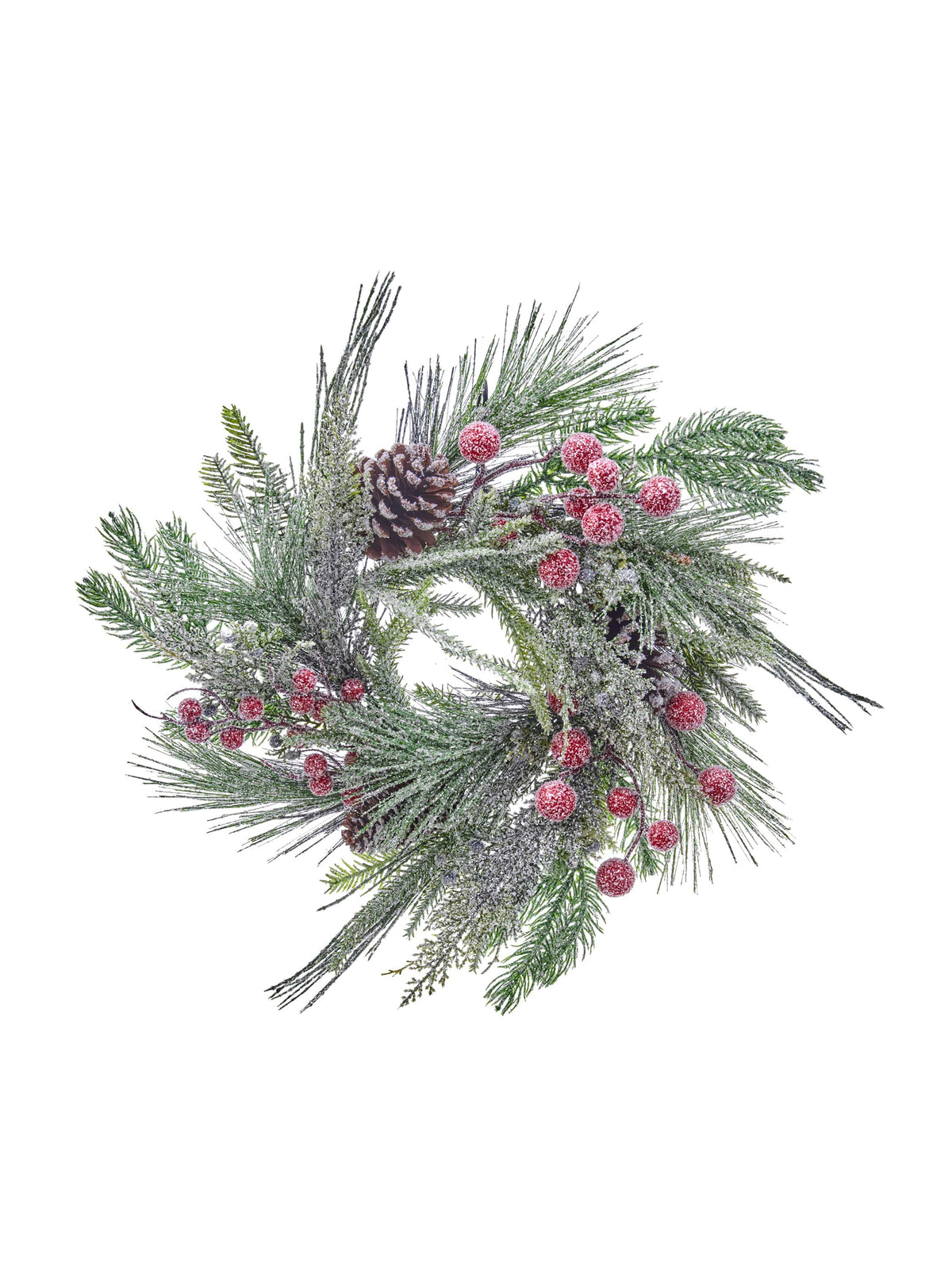 Frosted evergreen wreath with red glitter berries, pine cones, and icy needle branches