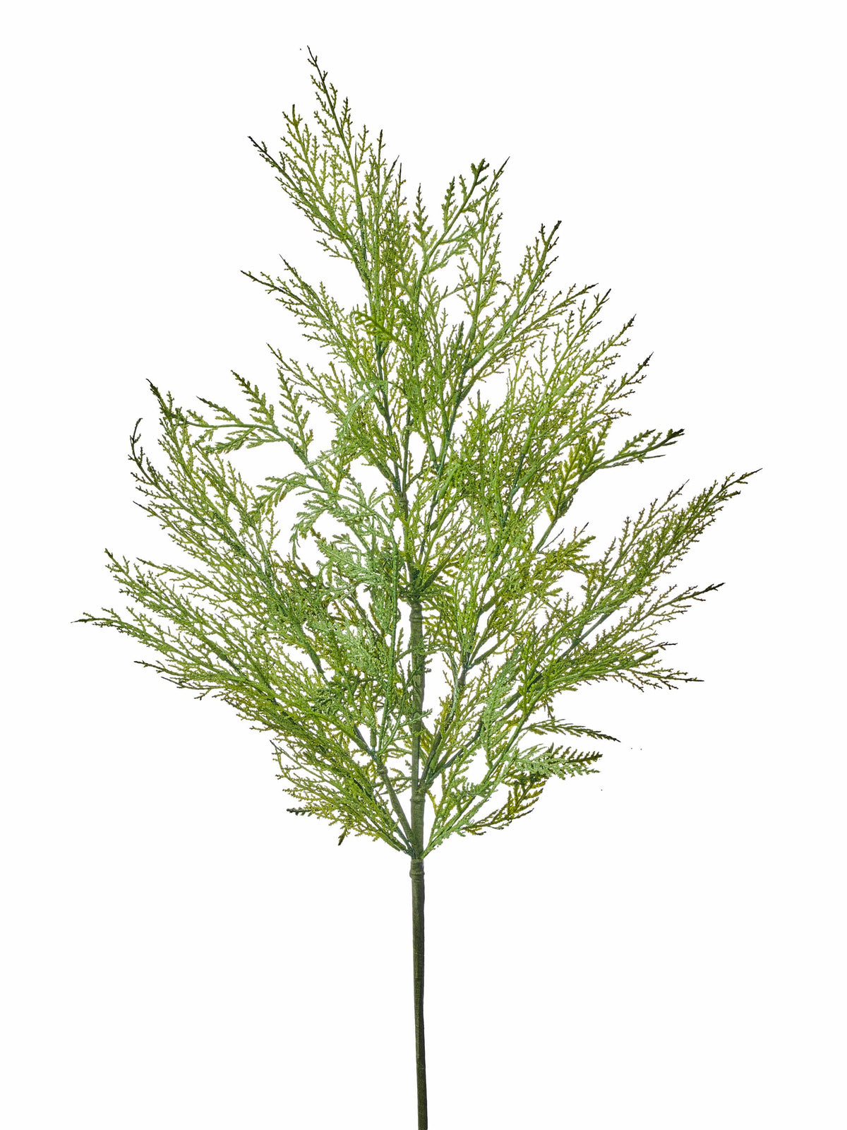 Artificial cedar spray branch with feathery green foliage on a single stem, front view
