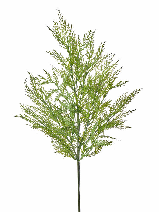 Artificial cedar spray branch with feathery green foliage on a single stem, front view
