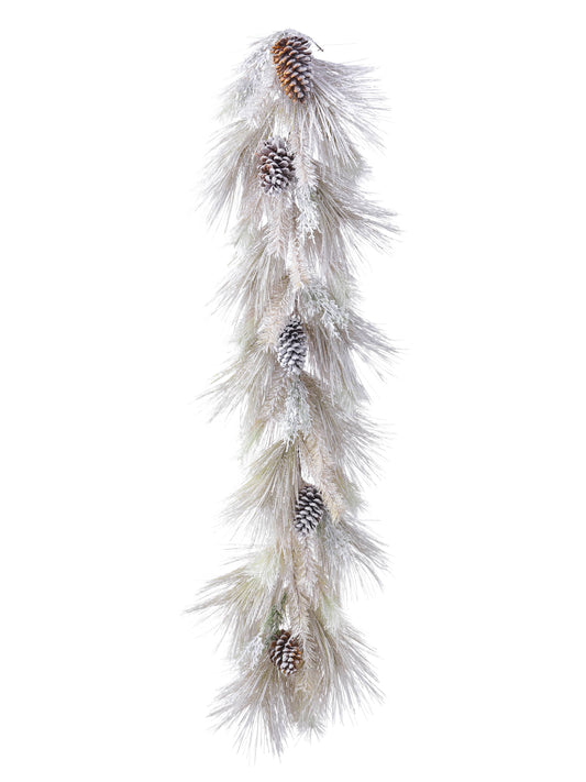 Snow-flocked pine needle garland with frost-dusted pinecones, hanging vertically against white background