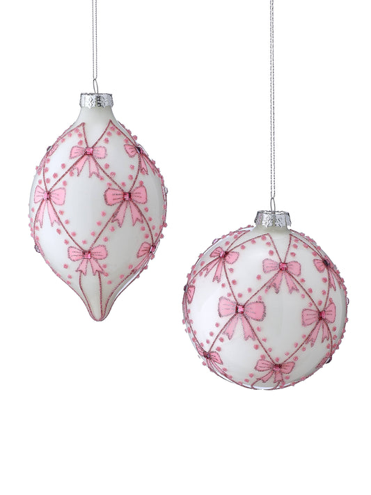 White glass ornaments with pink bow and jewel lattice design, ball and finial shapes