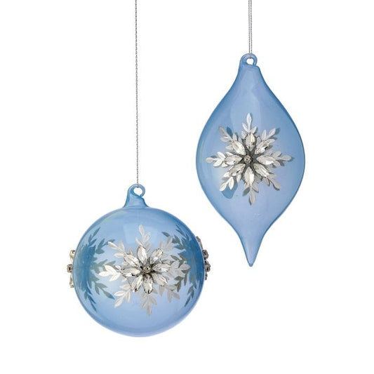 Two blue glass Christmas ornaments, round ball and finial shape, with silver jeweled snowflake decorations