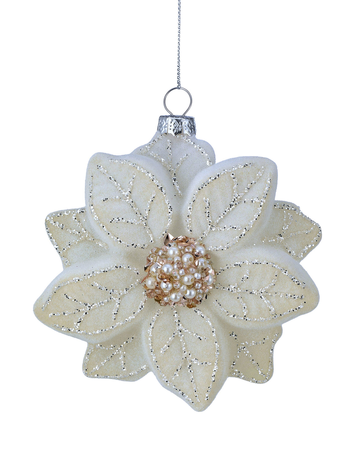 Ivory flocked glass poinsettia ornament with silver glitter veins and beaded pearl center, hanging view