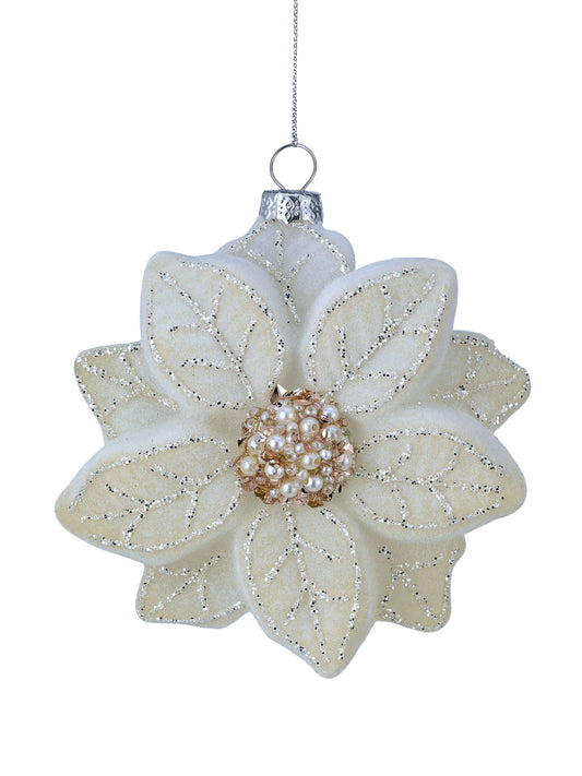Ivory flocked glass poinsettia ornament with silver glitter veins and beaded pearl center, hanging view