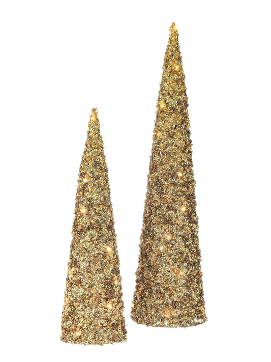 Set of two gold sequin and bead cone trees with warm LED lights, tall and short sizes