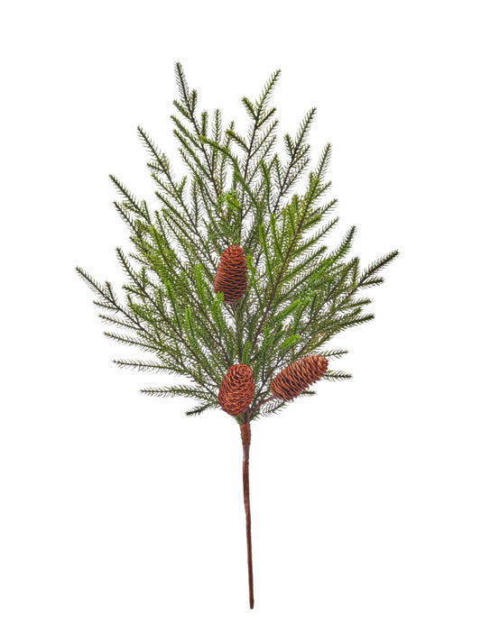 Artificial fir spray branch with three brown pine cones on a single stem, front view