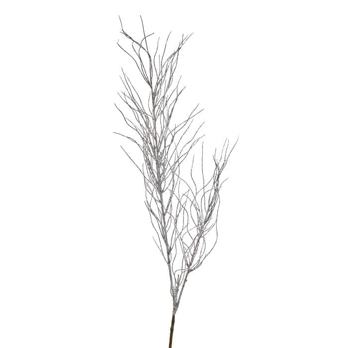 Tall decorative twig branch stem with silver glitter coating and wispy curling branches