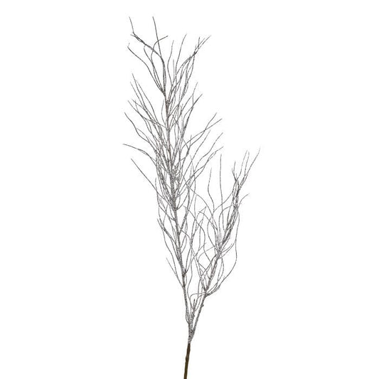 Tall decorative twig branch stem with silver glitter coating and wispy curling branches