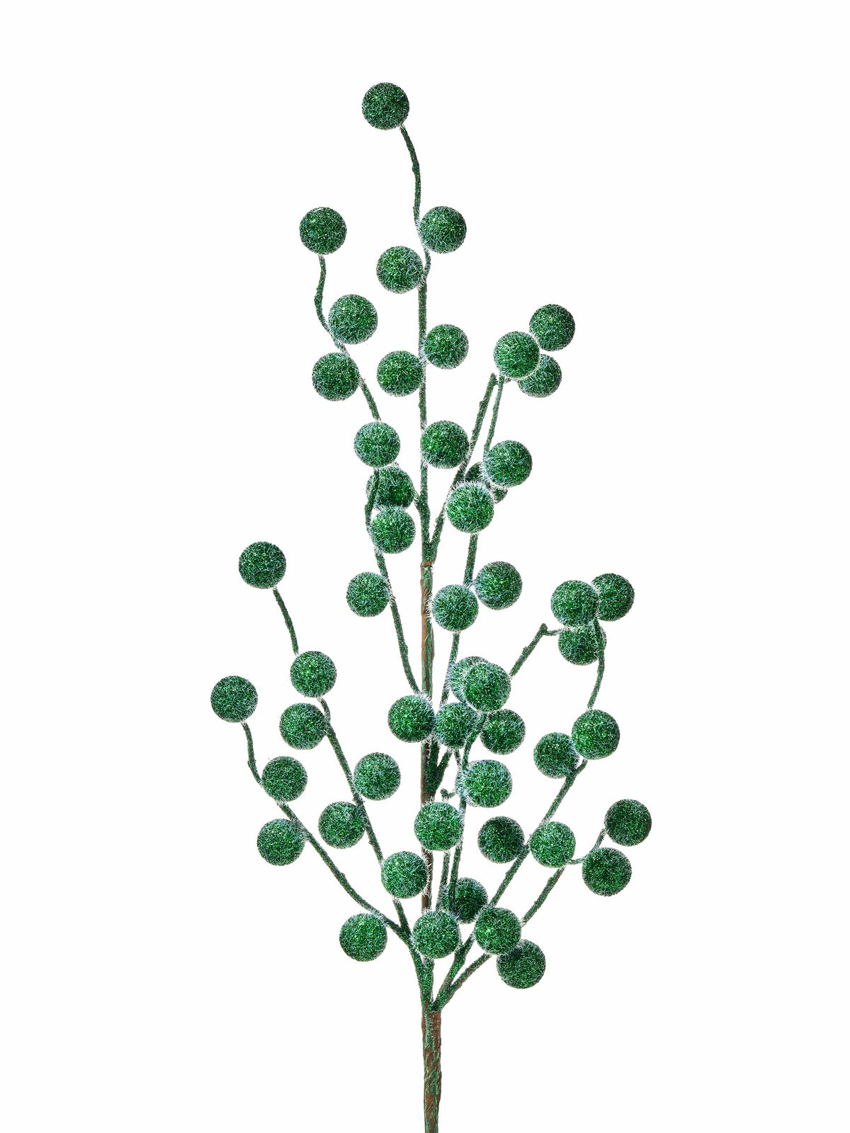 Decorative berry spray stem with glittery green frosted round berries on branching stems