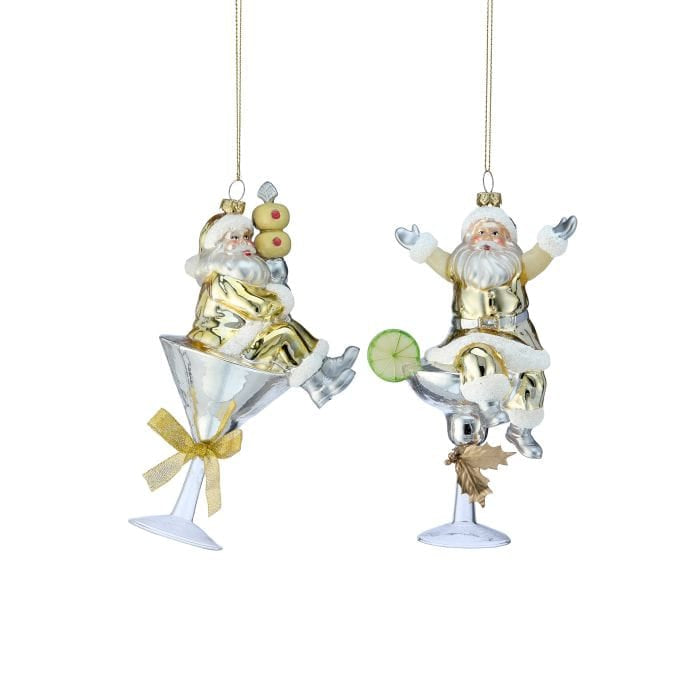 Two Santa Claus martini glass Christmas ornaments in gold and silver, hanging display
